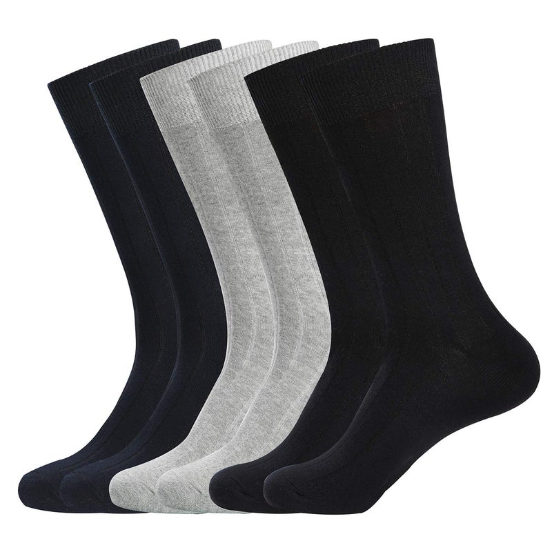 WANDER Dress Socks Men's Classic Cotton Solid Premium Ribbed Socks Seamless Soft for Office Business 6 Pairs 7-12 - Image 1